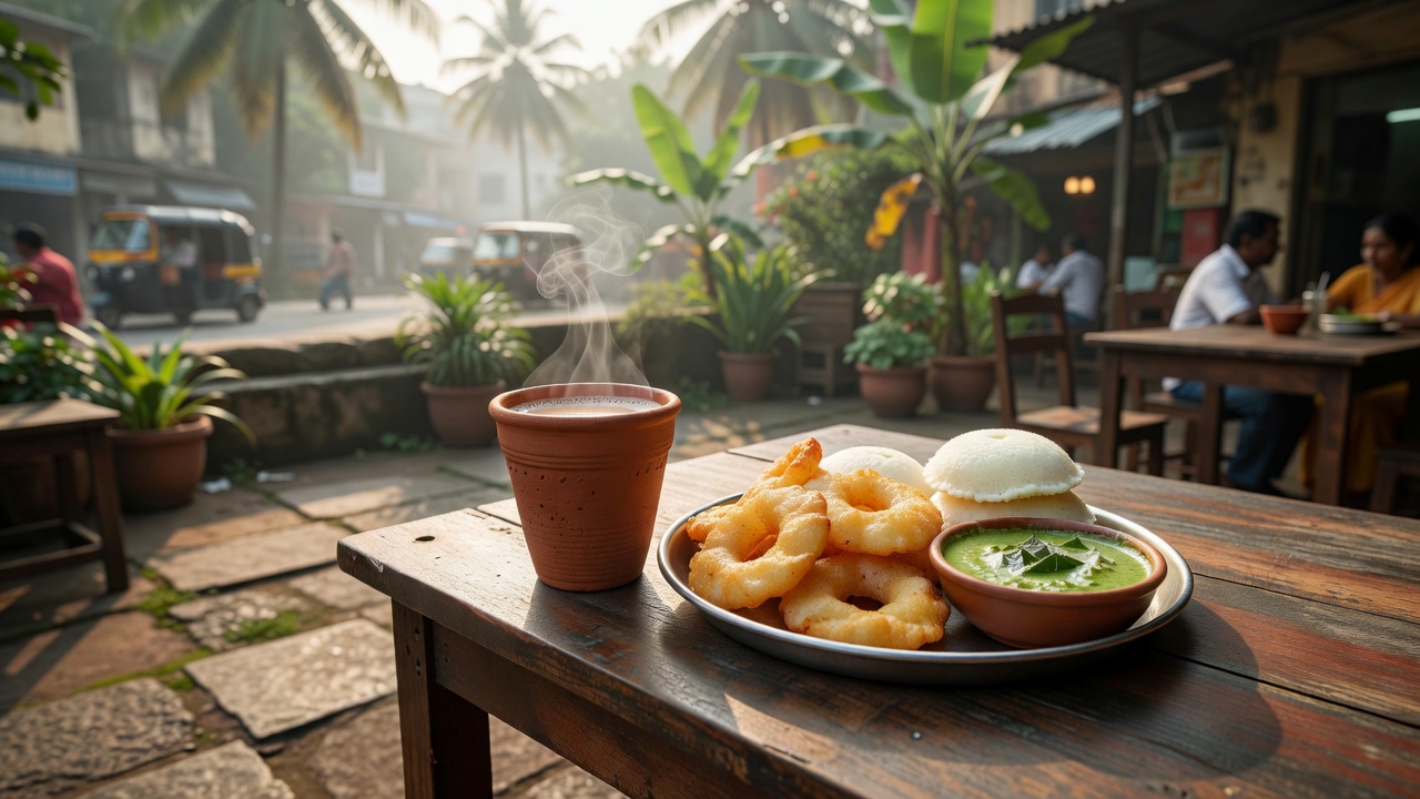 Concept image of chai and snacks at an outdoor cafe table